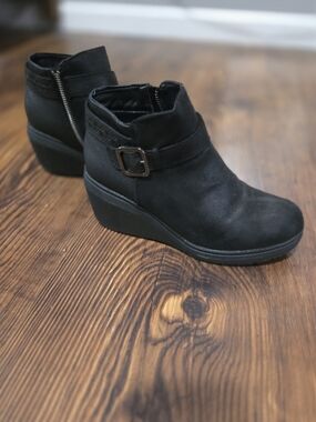 BOBS from Skechers Black Wedge Ankle Booties with Buckle